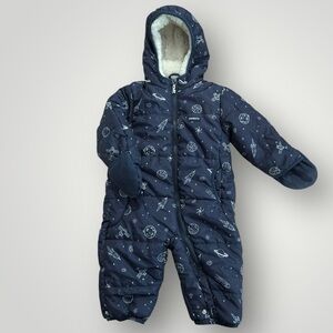 Oshkosh Navy Blue Rocket Ships Hooded Snowsuit Infant Baby Boy Size 18 Months